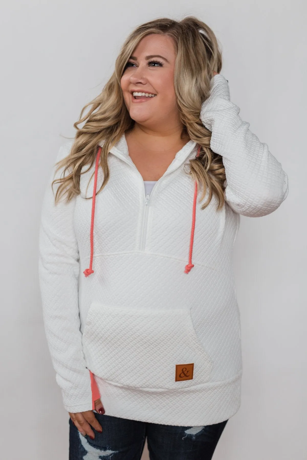 Quilted Half-Zip Ampersand Hoodie- White & Coral