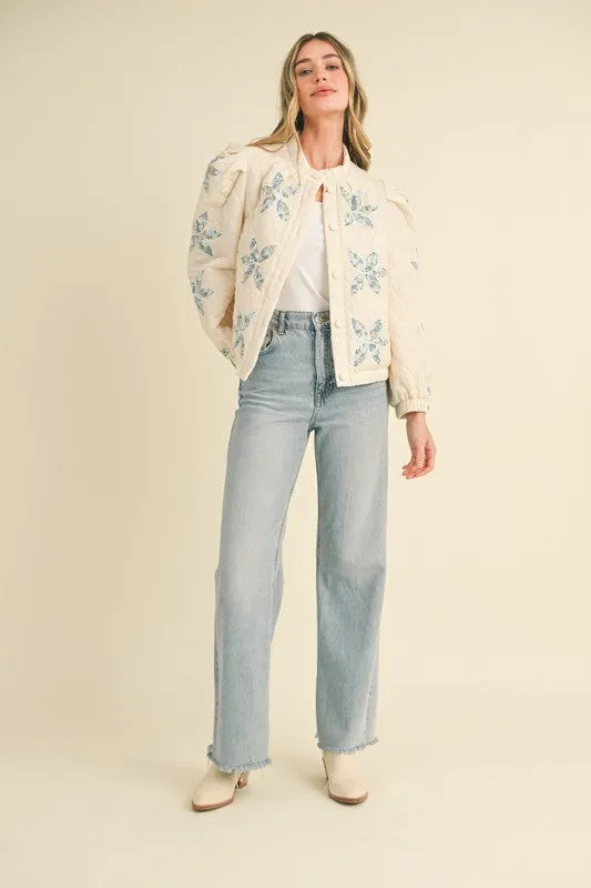 Quilted patchwork floral cream-blue jacket