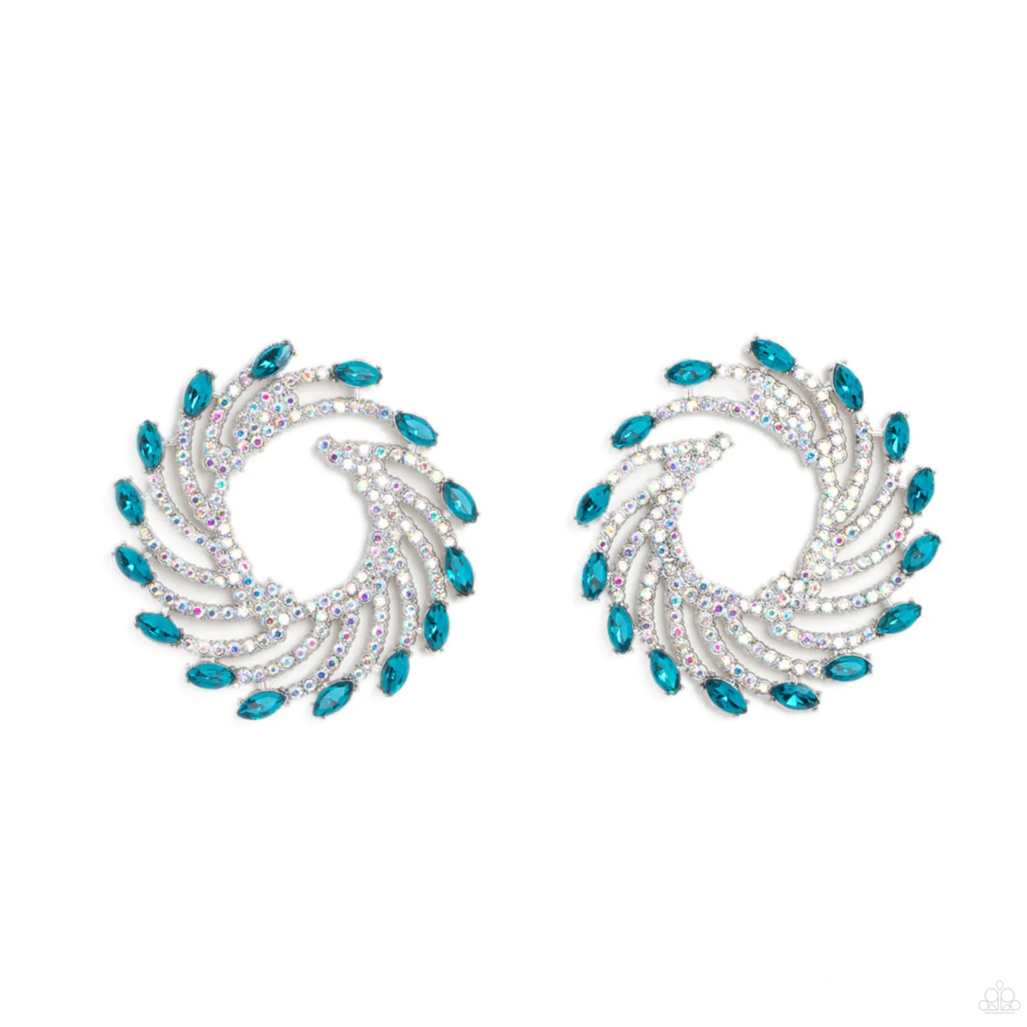 "Firework Fanfare" Silver Metal & Blue/Iridescent Rhinestone Pinwheel Post Earrings