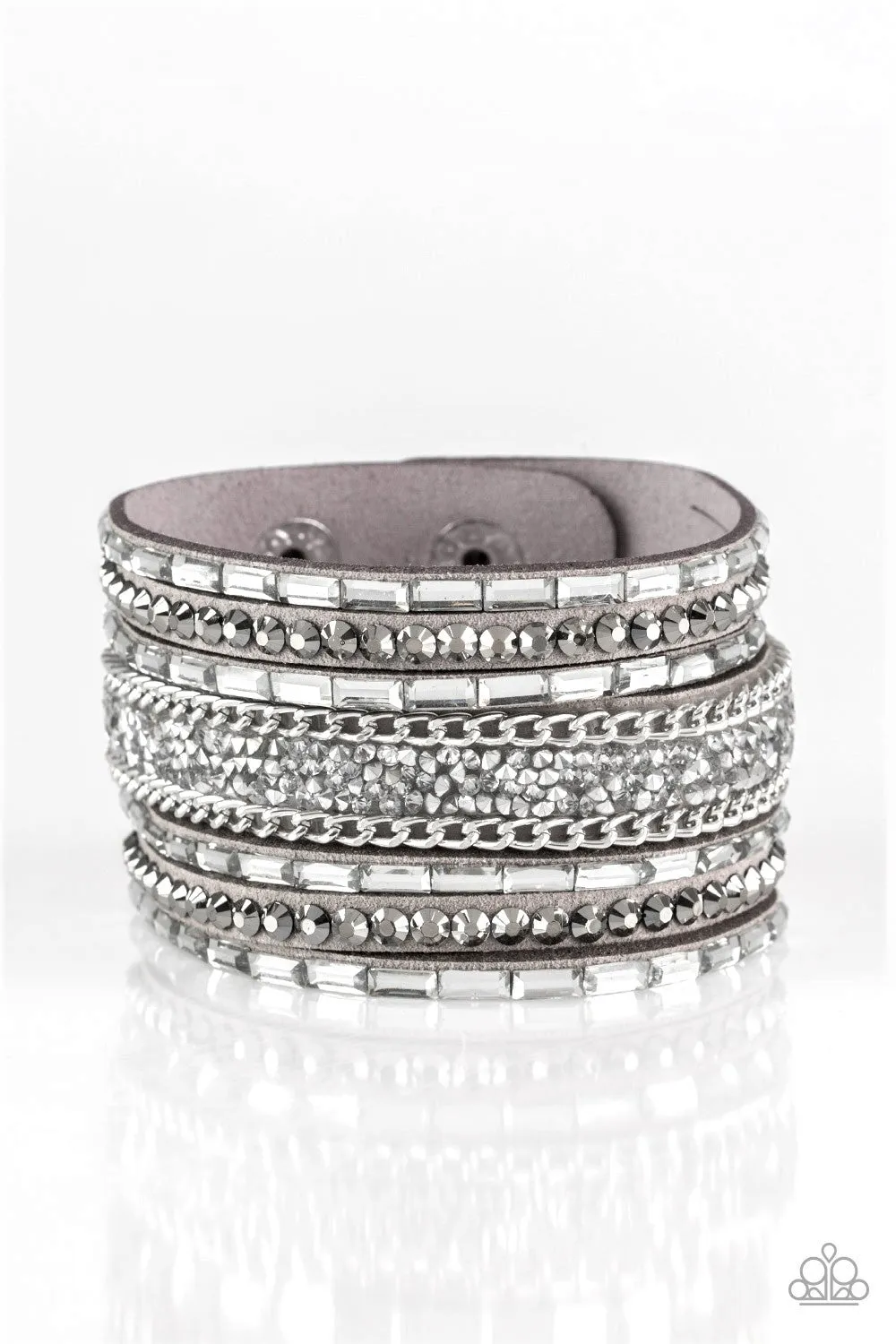 "Rhinestone Rumble" Gray Clear & Hematite LEATHER Snap Band Bracelet