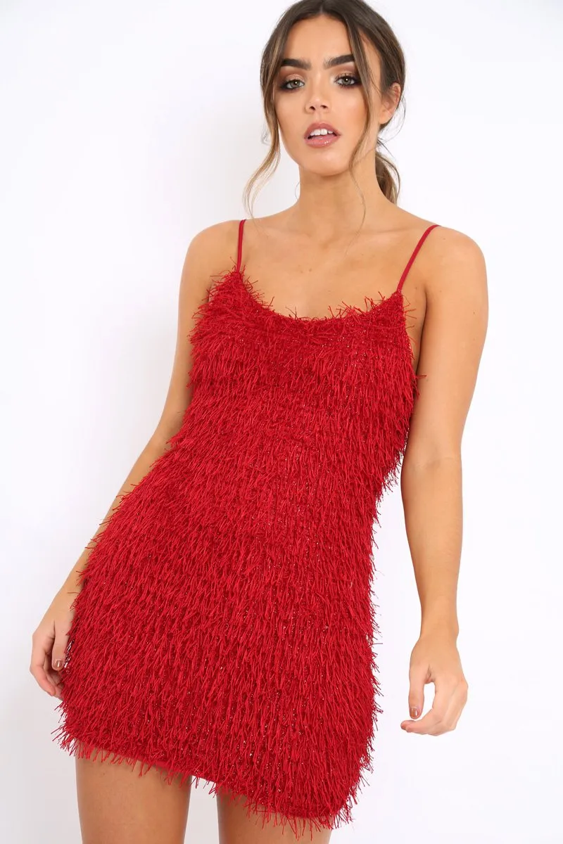 Red Shimmery Shaggy Dress - Sophie