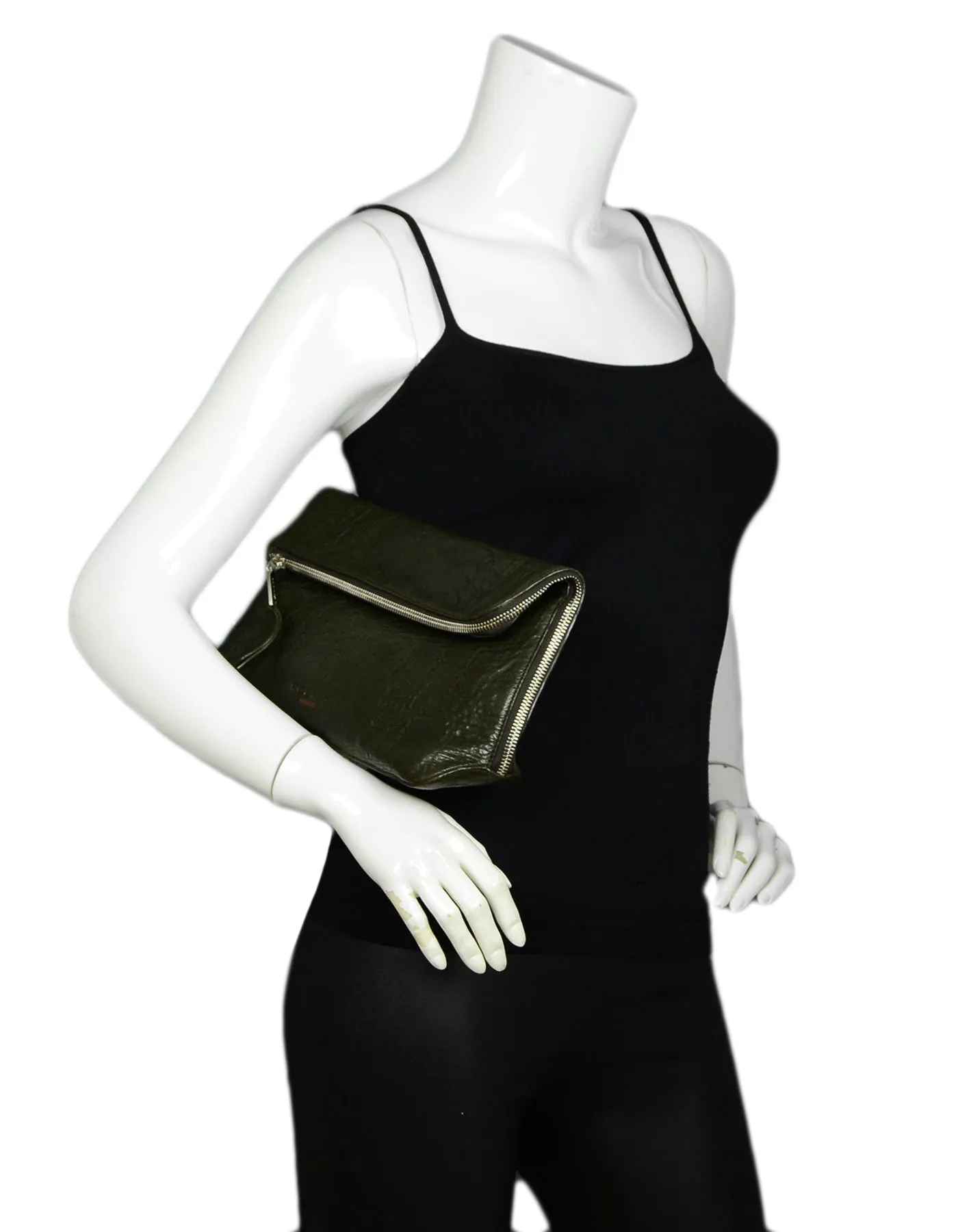 Rochas Dark Green Leather Zip Clutch