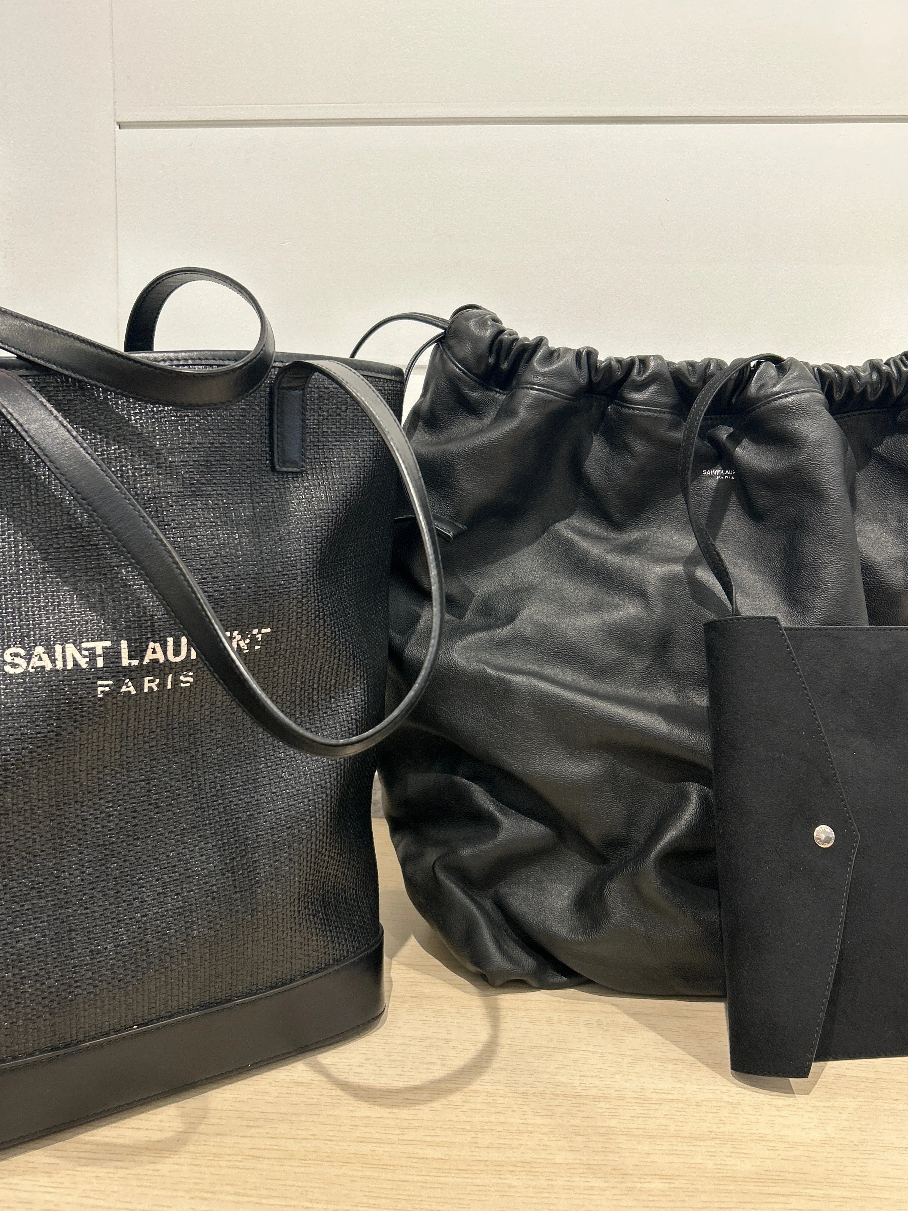 Saint Laurent Bag, Black Raffia & Leather Teddy Drawstring Tote Bag