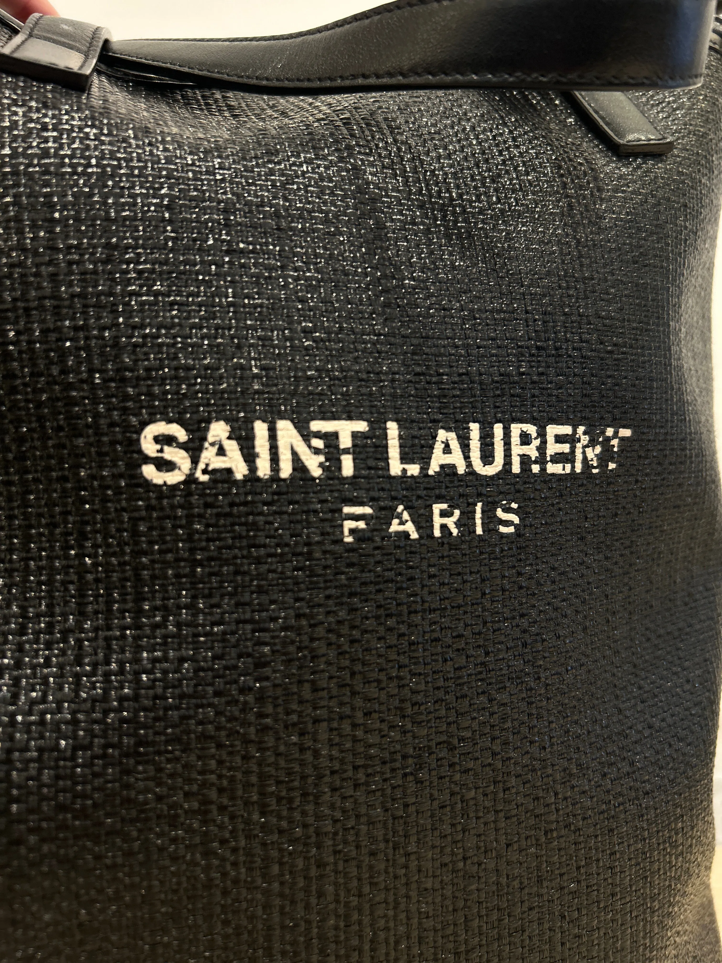 Saint Laurent Bag, Black Raffia & Leather Teddy Drawstring Tote Bag