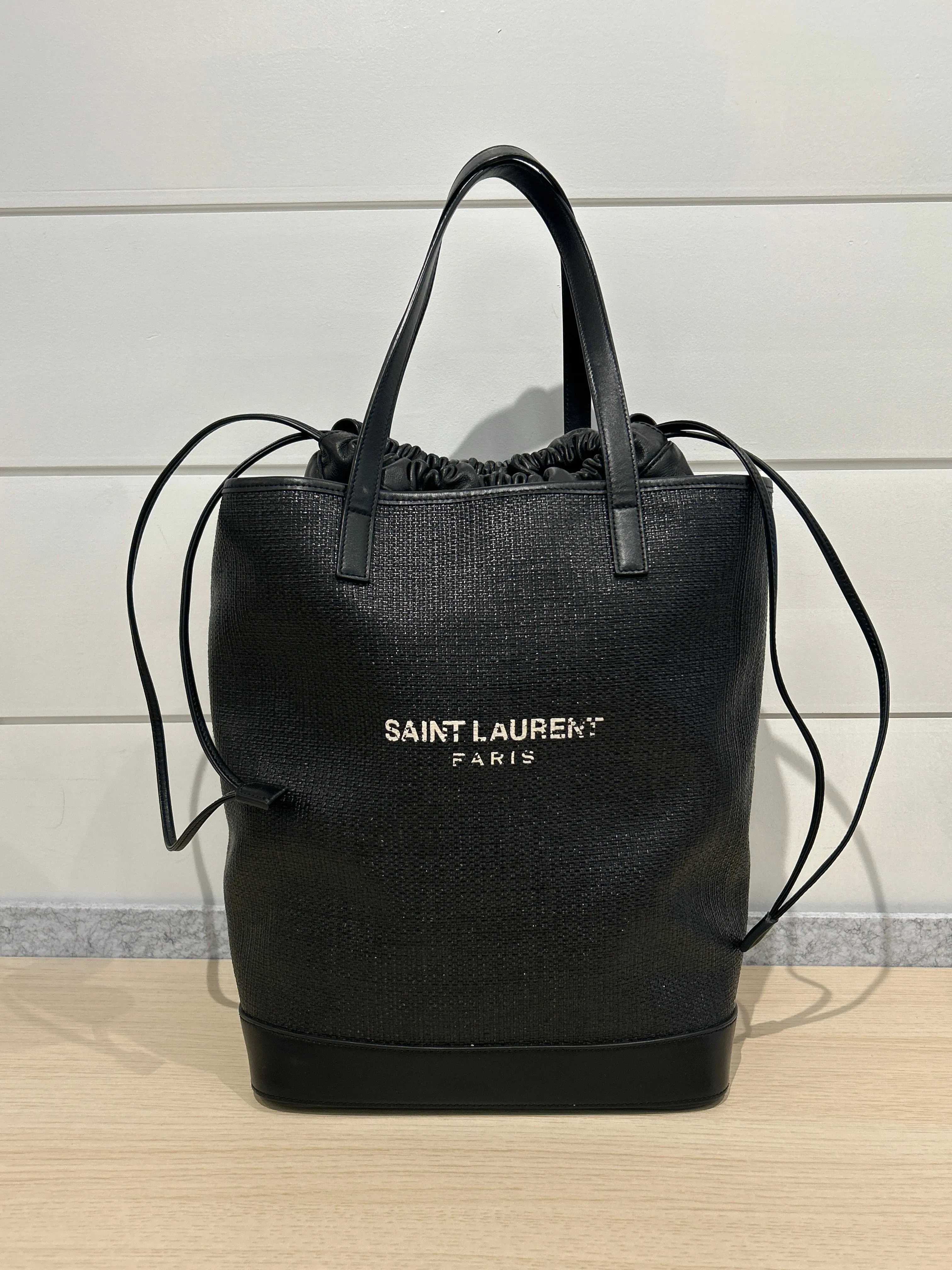 Saint Laurent Bag, Black Raffia & Leather Teddy Drawstring Tote Bag