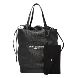 Saint Laurent Bag, Black Raffia & Leather Teddy Drawstring Tote Bag
