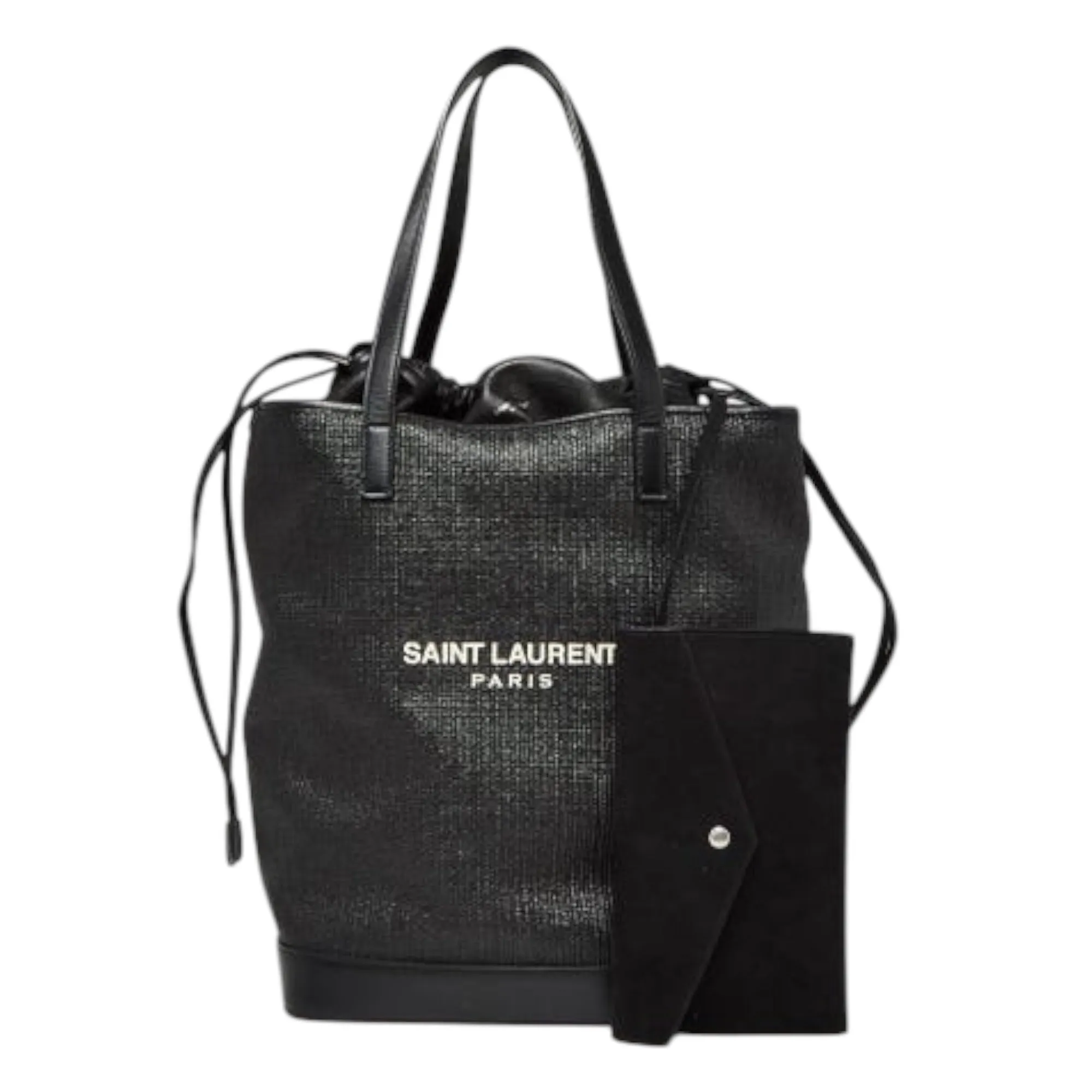 Saint Laurent Bag, Black Raffia & Leather Teddy Drawstring Tote Bag