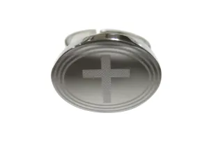 Silver Toned Etched Oval Thick Religious Cross Adjustable Size Fashion Ring