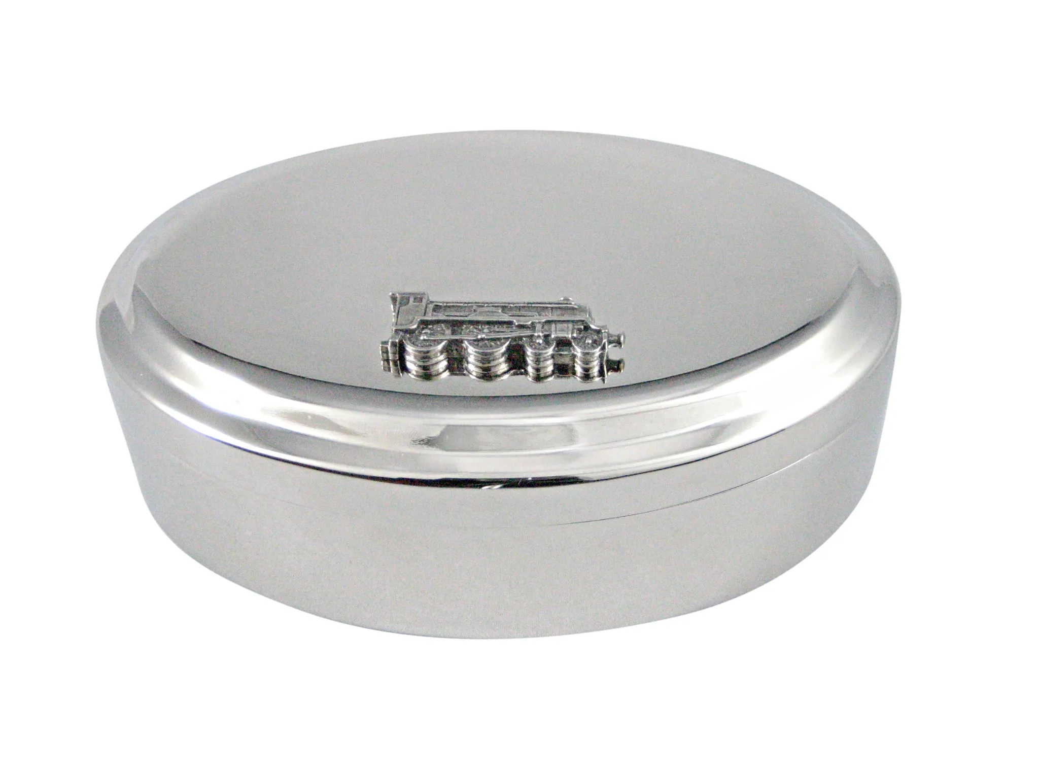 Silver Toned Textured Locomotive Train Pendant Oval Trinket Jewelry Box