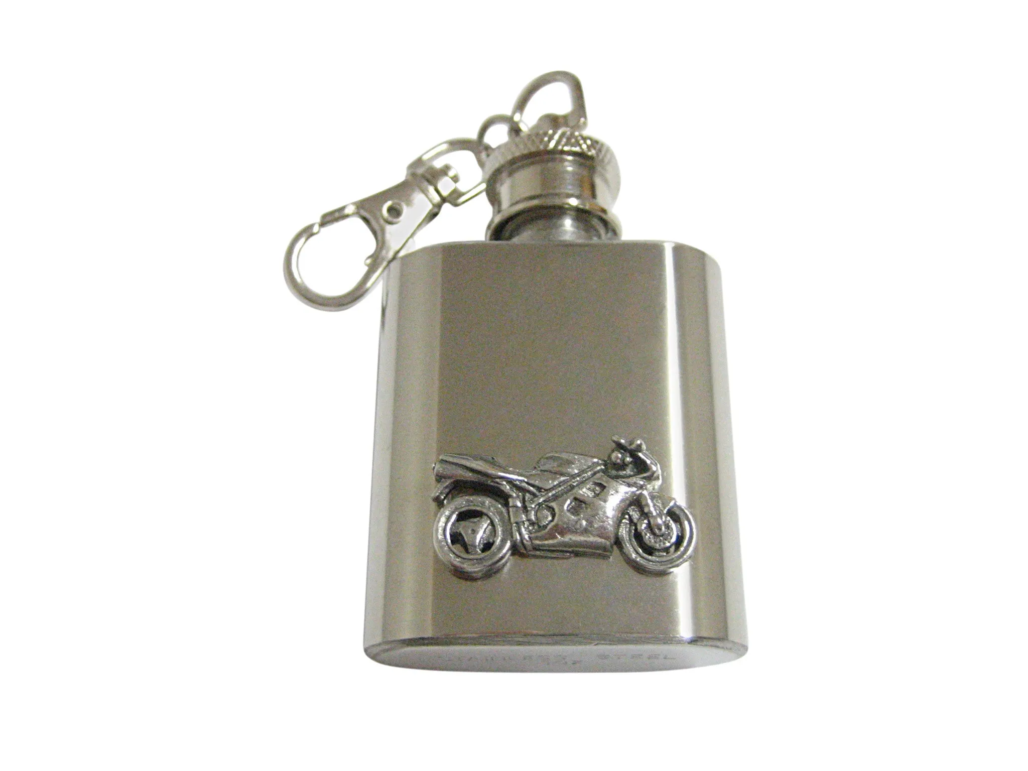 Silver Toned Textured Modern Motorcycle 1 Oz. Stainless Steel Key Chain Flask