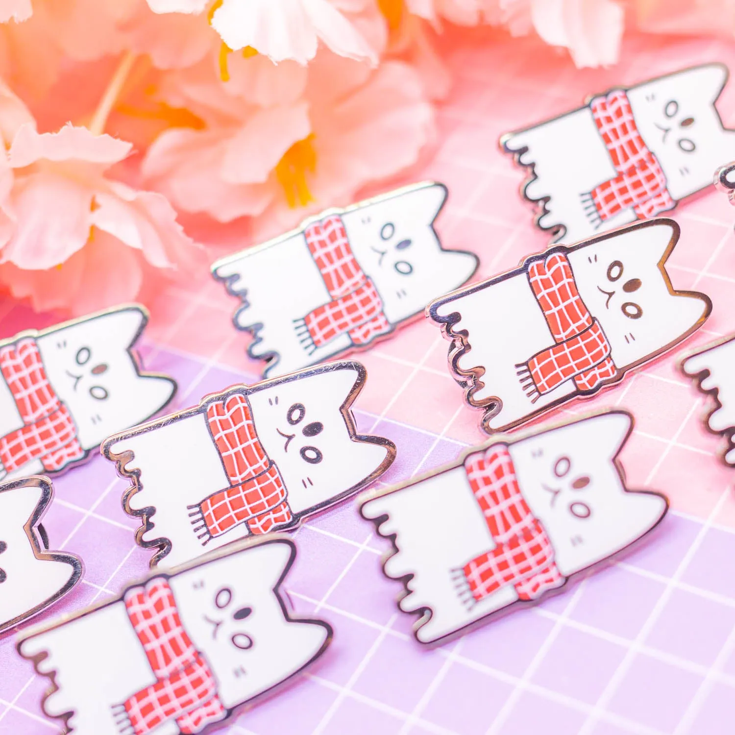Spooky Town - cat ghost with autumn scarf enamel pin