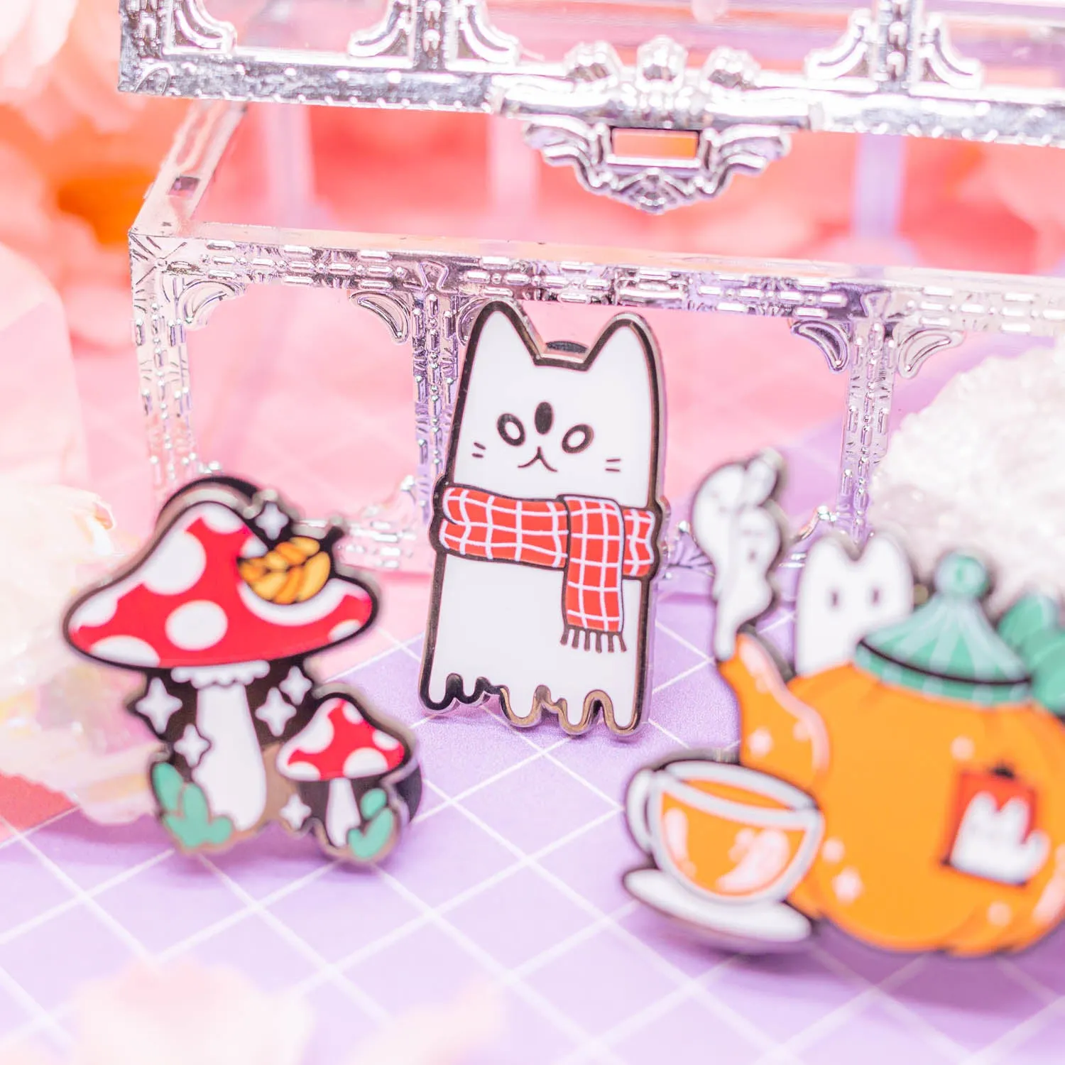 Spooky Town - cat ghost with autumn scarf enamel pin