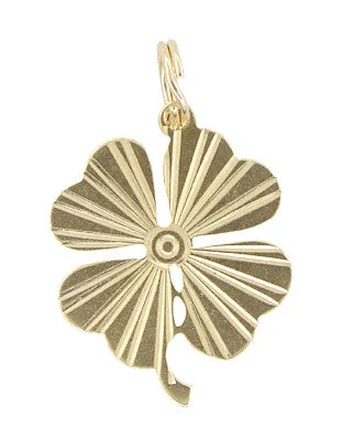 Starburst Pattern Lucky 4 Leaf Clover Charm Pendant in 14 Karat Gold