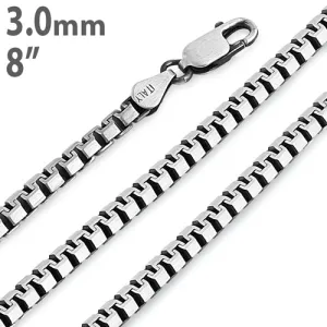 Sterling Silver  8" Flat Box Chain Necklace 3.0mm