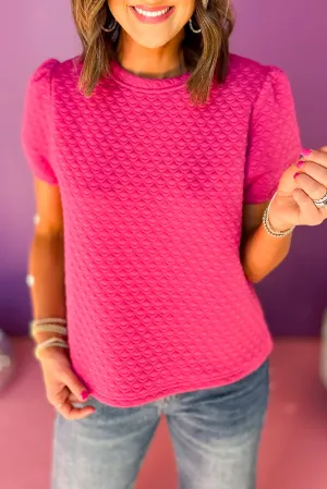 Strawberry Pink Textured Puff Short Sleeve Round Neck Top