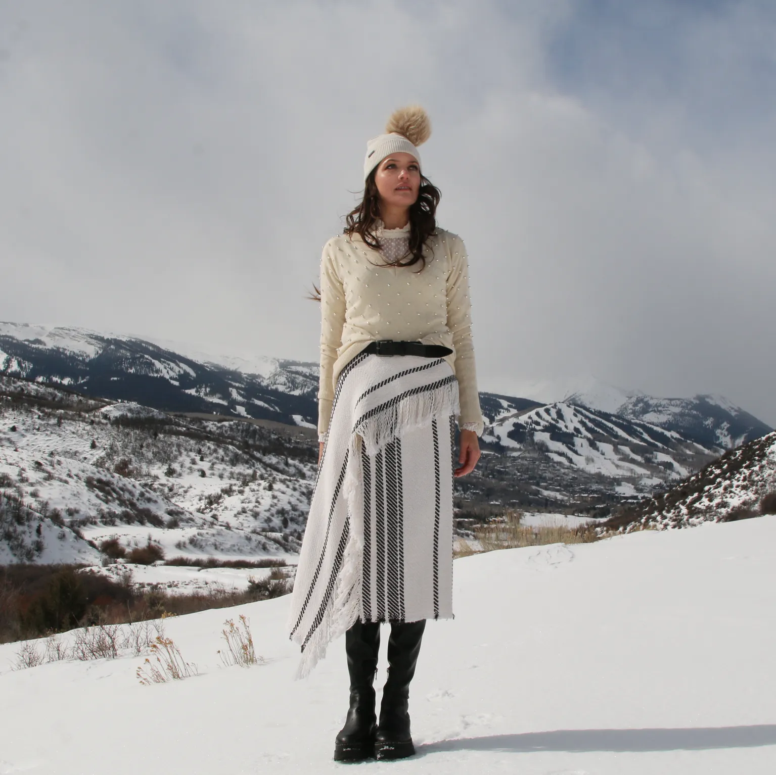 Striped Woven Cotton Fringe Skirt