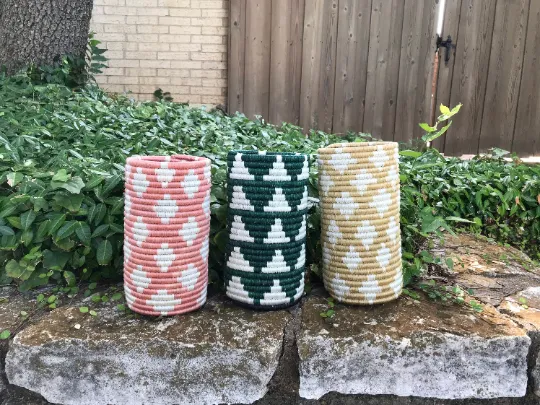 Tall Green & White African Woven Vase