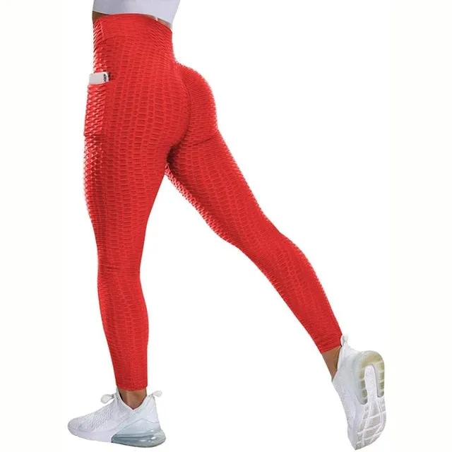 Textured High Rise Leggings - Black With Pockets