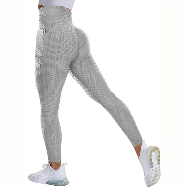 Textured High Rise Leggings - Black With Pockets