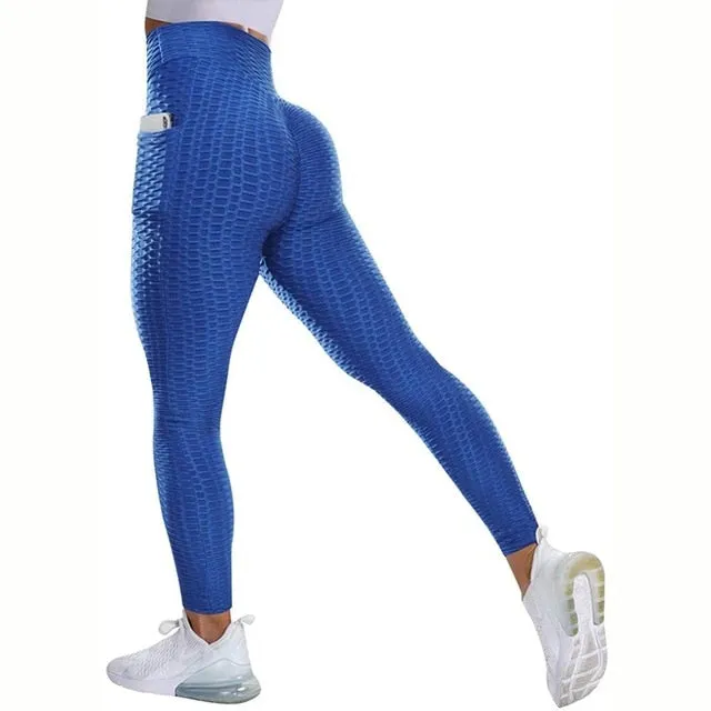 Textured High Rise Leggings - Black With Pockets