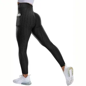 Textured High Rise Leggings - Black With Pockets