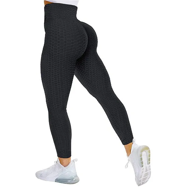 Textured High Rise Leggings - Black With Pockets