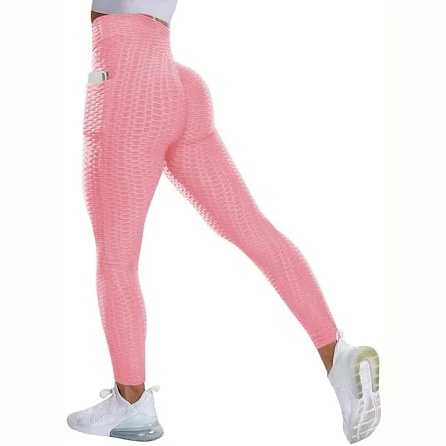 Textured High Rise Leggings - Black With Pockets