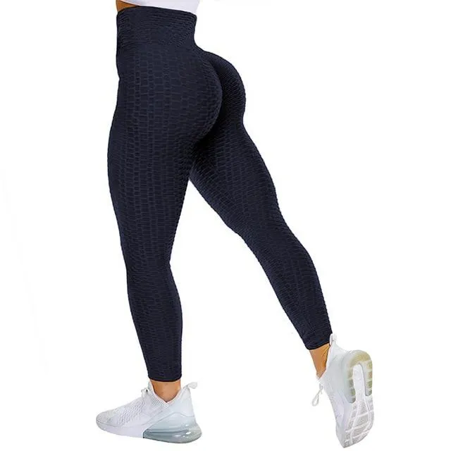 Textured High Rise Leggings - Black With Pockets