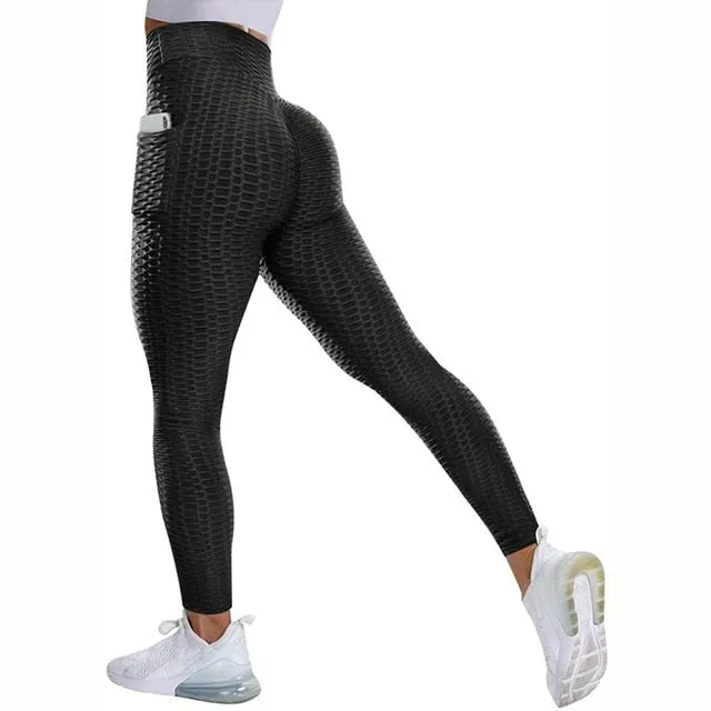 Textured High Rise Leggings - Black With Pockets