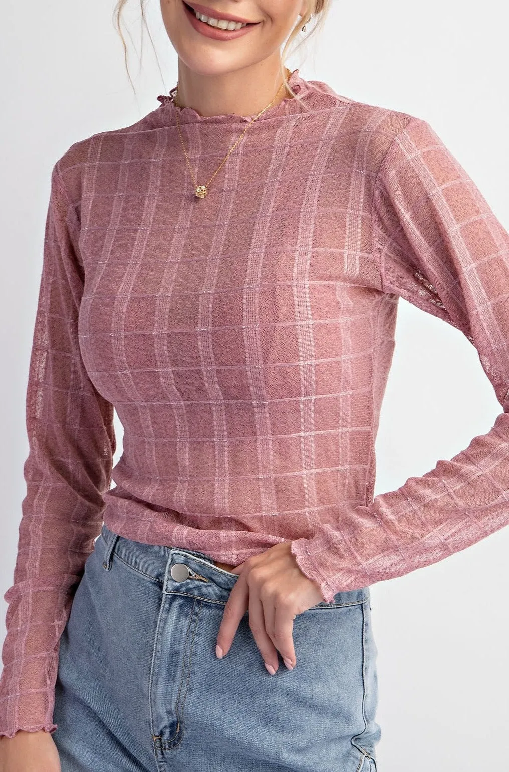 Textured Mesh Fitted Long Slv Top