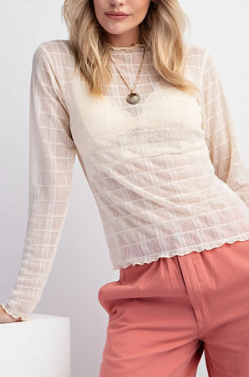 Textured Mesh Fitted Long Slv Top