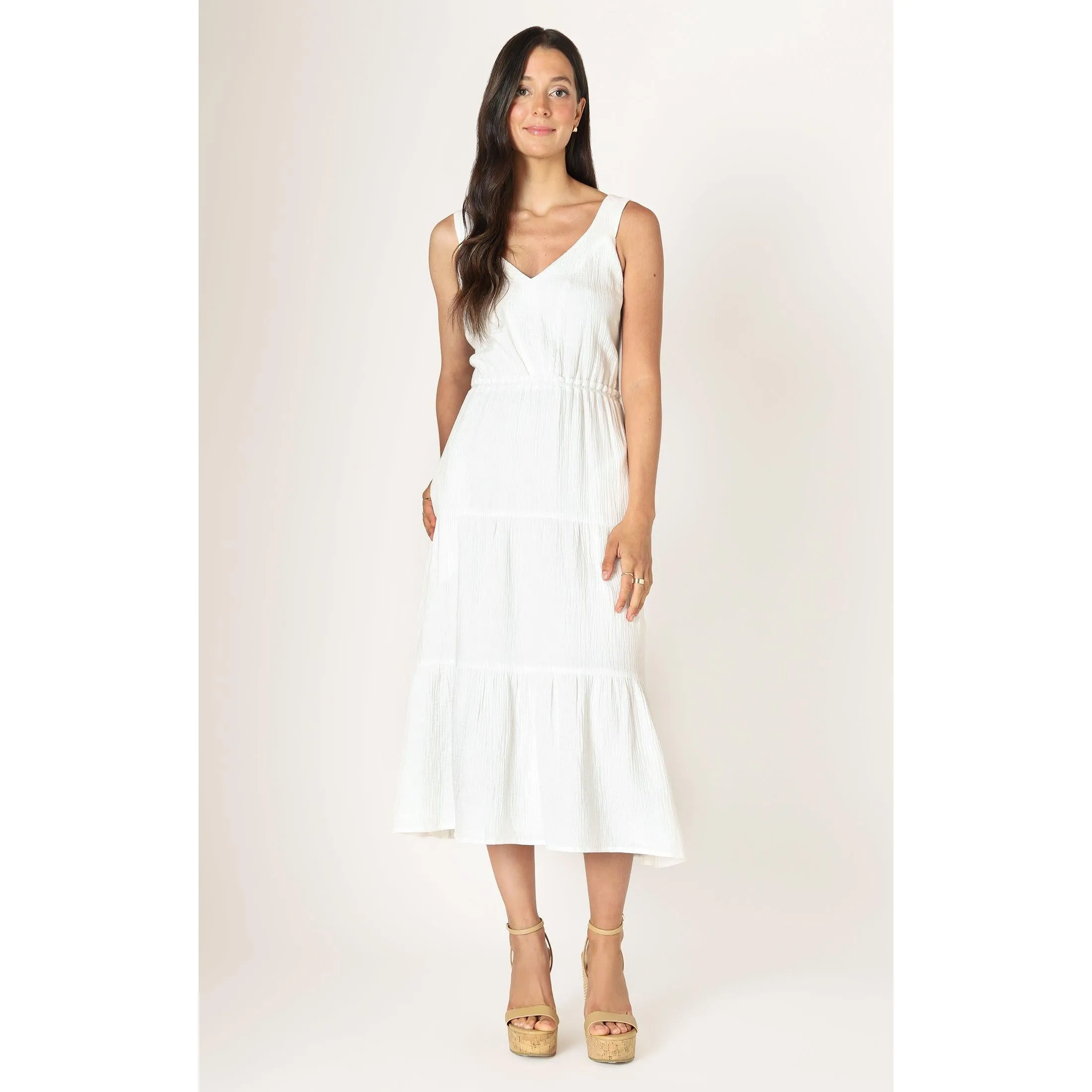TEXTURED TIERED MIDI DRESS