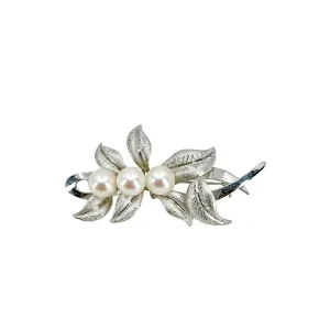 Textured Vintage Leaf Japanese Saltwater Akoya Cultured Pearl Brooch- Sterling Silver