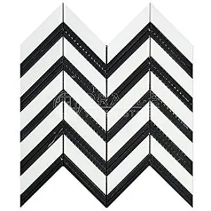 Thassos White Greek Marble Chevron Large (Black Strips) Mosaic Tile, Polished