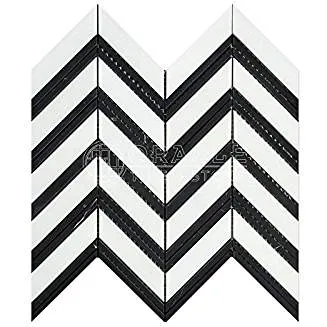 Thassos White Greek Marble Chevron Large (Black Strips) Mosaic Tile, Polished