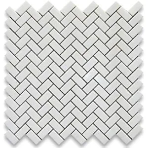 Thassos White Greek Marble Herringbone Mosaic Tile 5/8 x 1 1/4 Polished