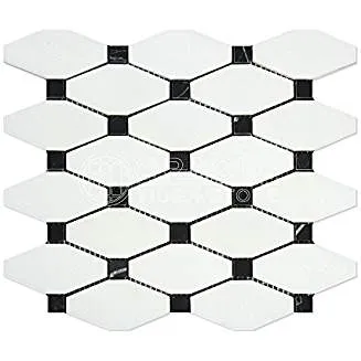 Thassos White Greek Marble Octave Pattern Mosaic Tile with Black Marble Dots, Polished