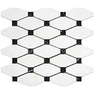 Thassos White Greek Marble Octave Pattern Mosaic Tile with Black Marble Dots, Polished