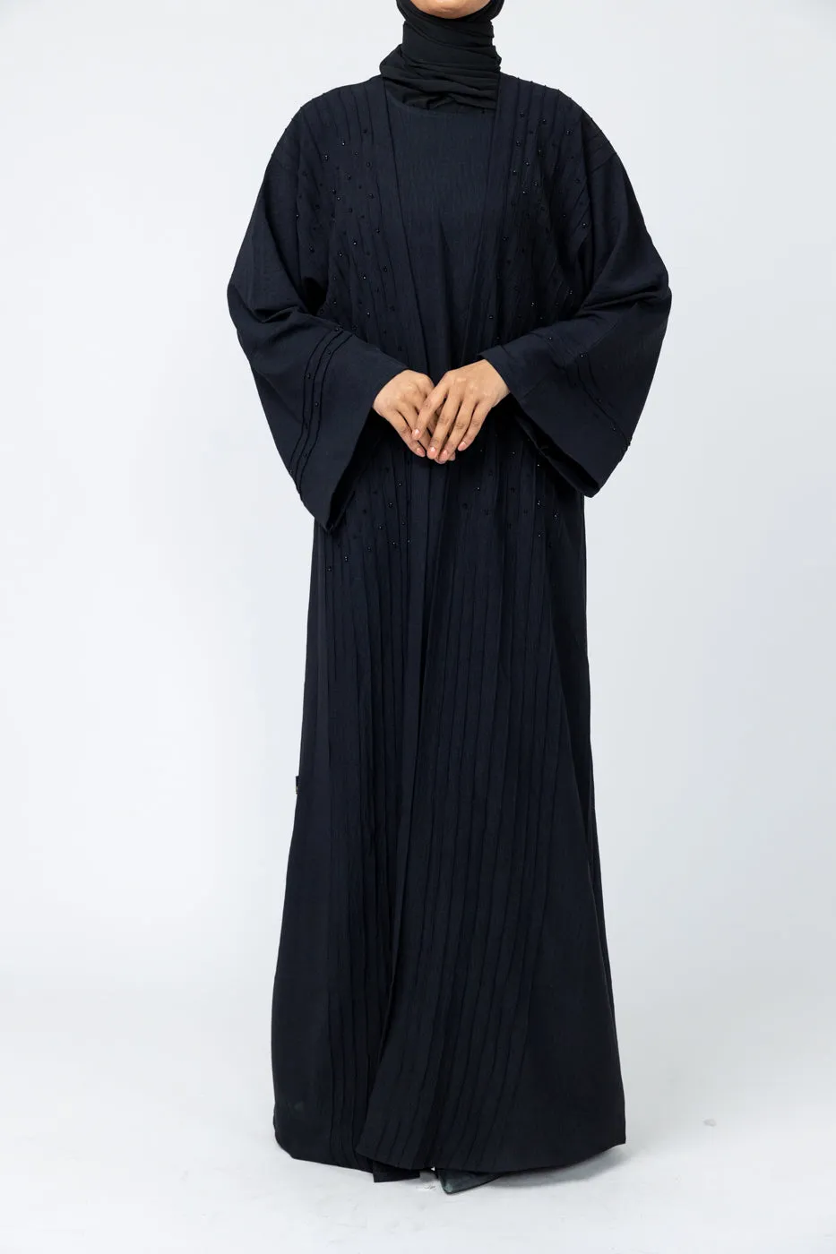 Three-Piece Abaya with Pin Tuck Piping & Stone work-Black