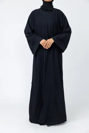 Three-Piece Abaya with Pin Tuck Piping & Stone work-Black