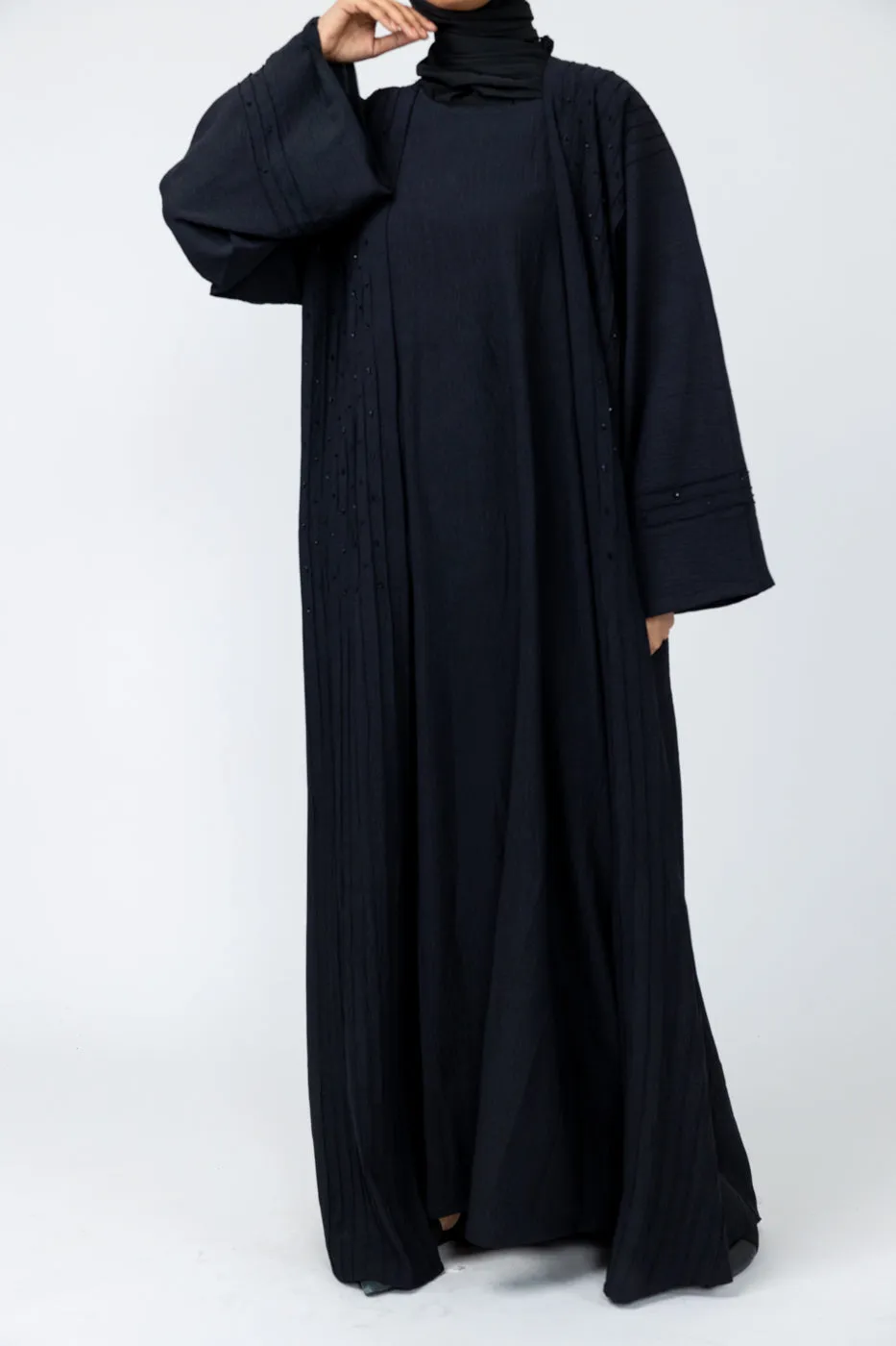 Three-Piece Abaya with Pin Tuck Piping & Stone work-Black