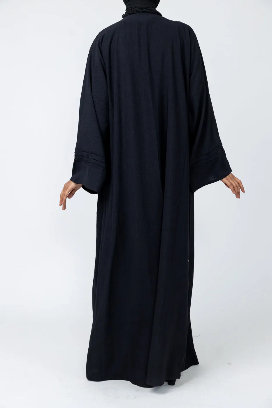 Three-Piece Abaya with Pin Tuck Piping & Stone work-Black