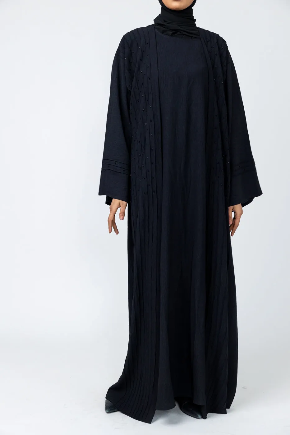 Three-Piece Abaya with Pin Tuck Piping & Stone work-Black