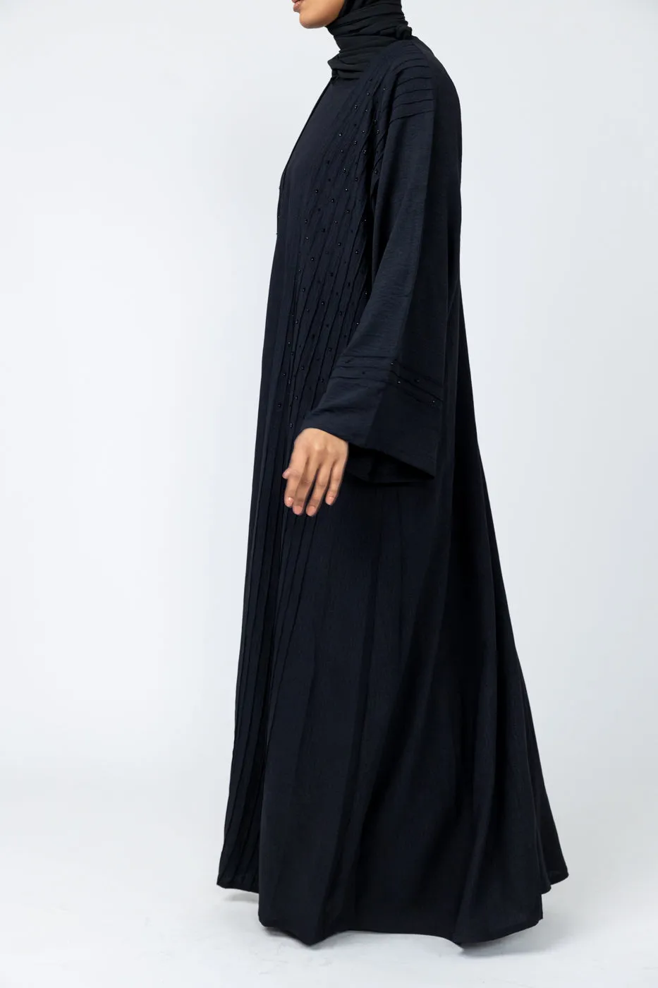 Three-Piece Abaya with Pin Tuck Piping & Stone work-Black