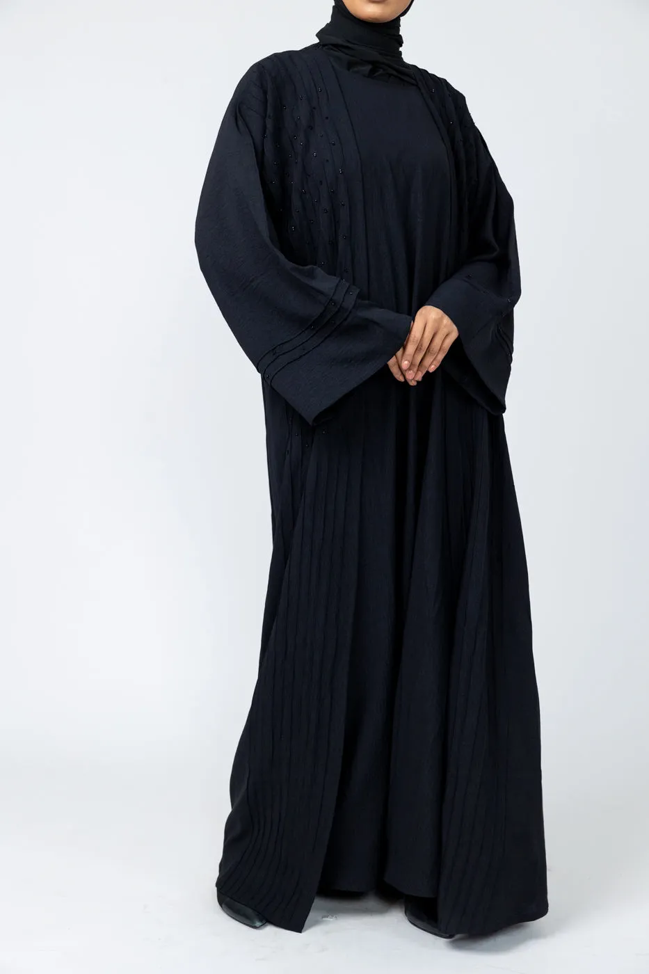 Three-Piece Abaya with Pin Tuck Piping & Stone work-Black