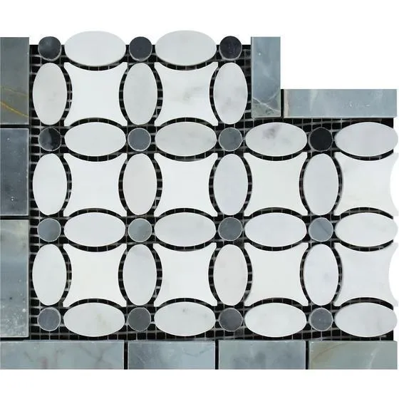 Tilefornia Florida Flower Thassos White & Carrara White & Blue/Gray Marble Border Corner
