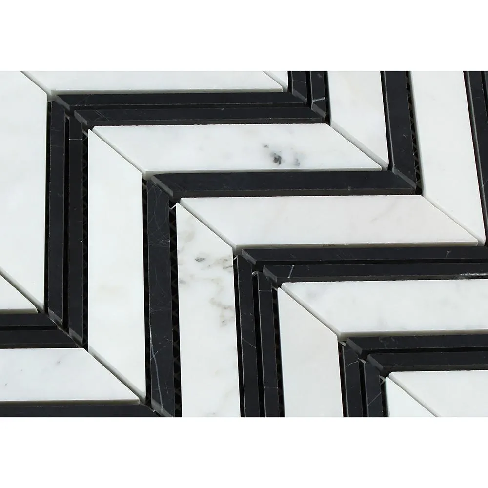 Tilefornia Italian Carrara White Marble Large Chevron Mosaic Tile w/ Black Marble Strips Polished/Honed