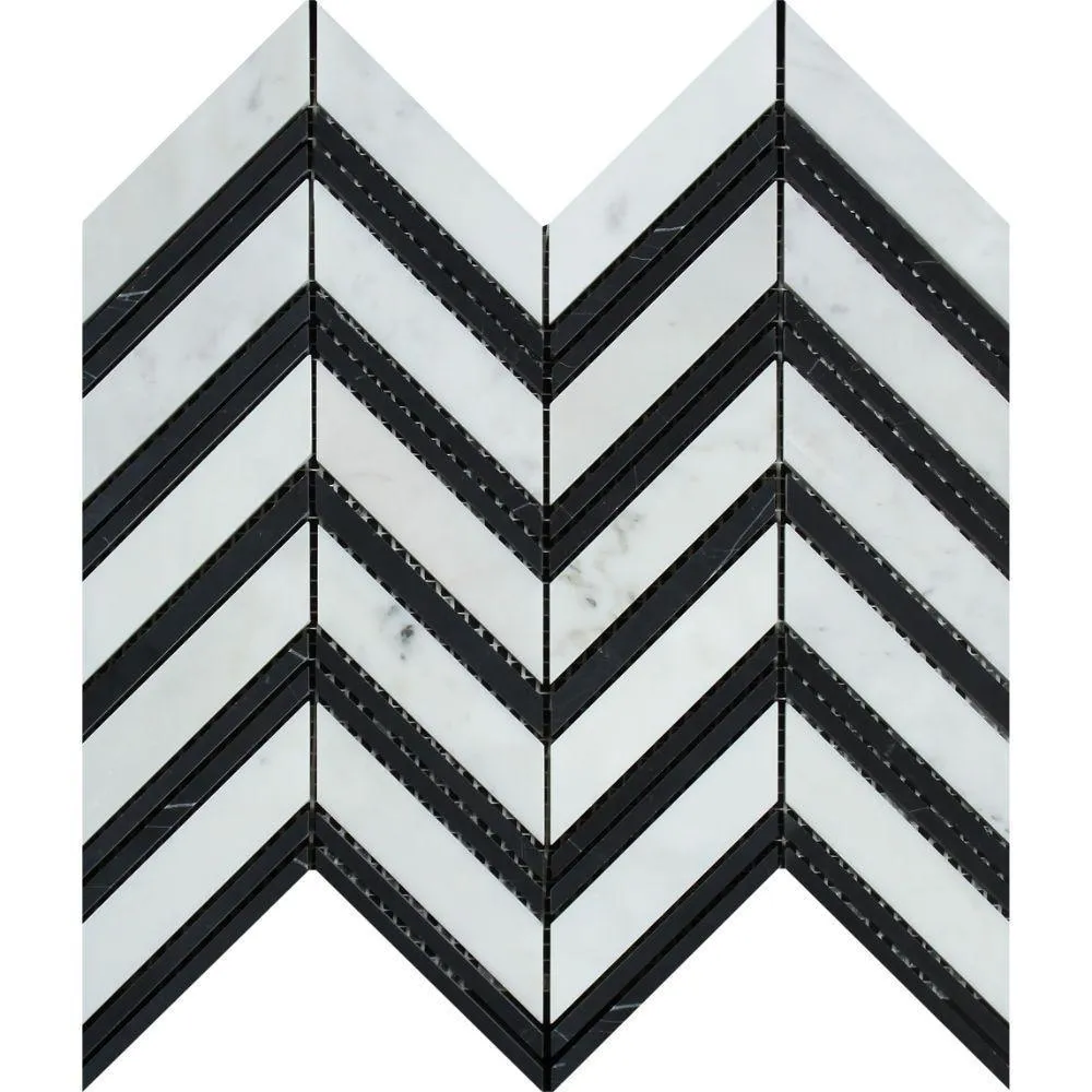 Tilefornia Italian Carrara White Marble Large Chevron Mosaic Tile w/ Black Marble Strips Polished/Honed