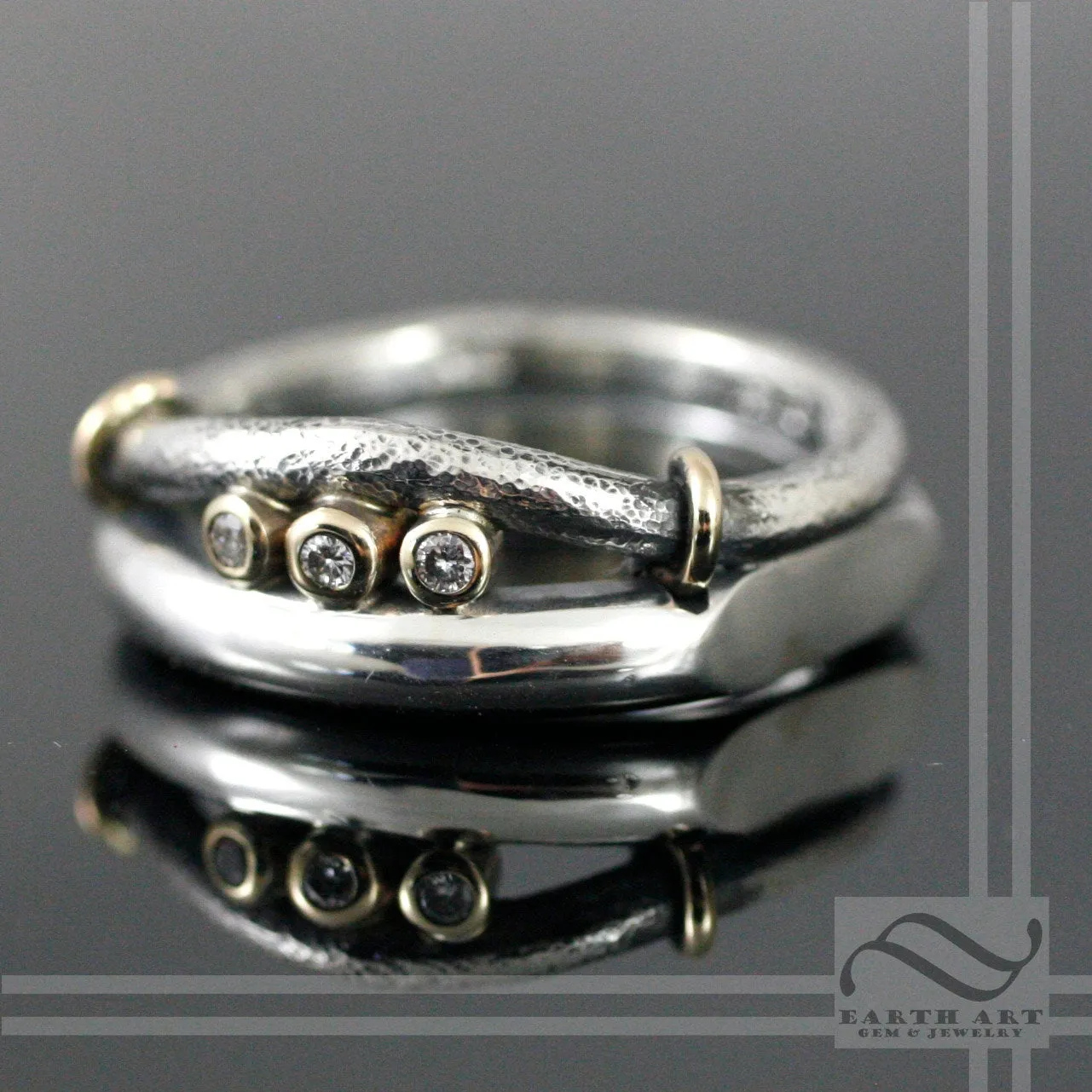 Triple Diamond Mens Wedding band in Sterling silver and yellow gold