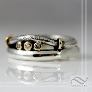 Triple Diamond Mens Wedding band in Sterling silver and yellow gold